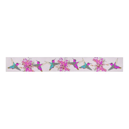 Hummingvogels Floral roze bloemen Groentkorrellint Grosgrain Lint (Voorkant)