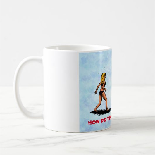 Humor cartoon grappige, bange vrouw die op spiegel koffiemok (Links)