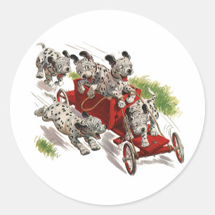 Humor Cute Dalmatian Puppy Dogs Fire Truck Ronde Sticker