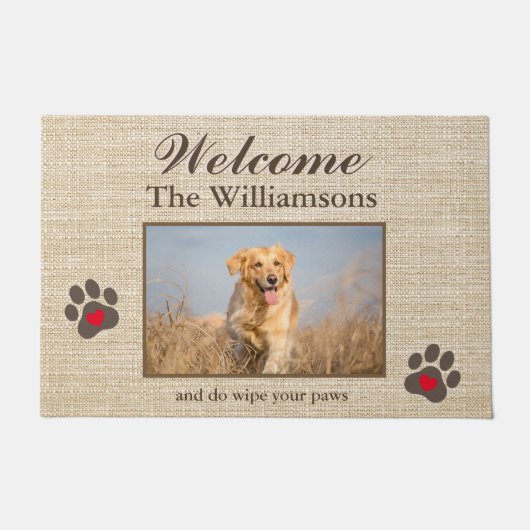 Humor Dog Photo Custom Burlap Textuur Welkom Deurmat (Voorkant)