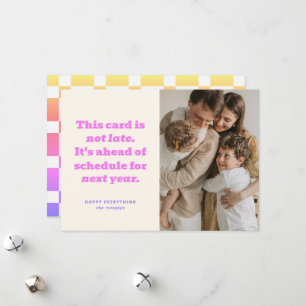 Humoristisch voor de planning Nieuwjaar fotokaart Feestdagenkaart