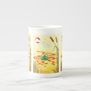 Humoristische Cartoon Frog in Pond bij Sunset Mok