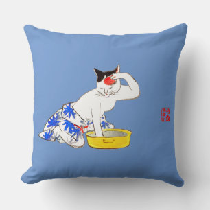 Humoristische Japanse Kat Bathing I Kussen