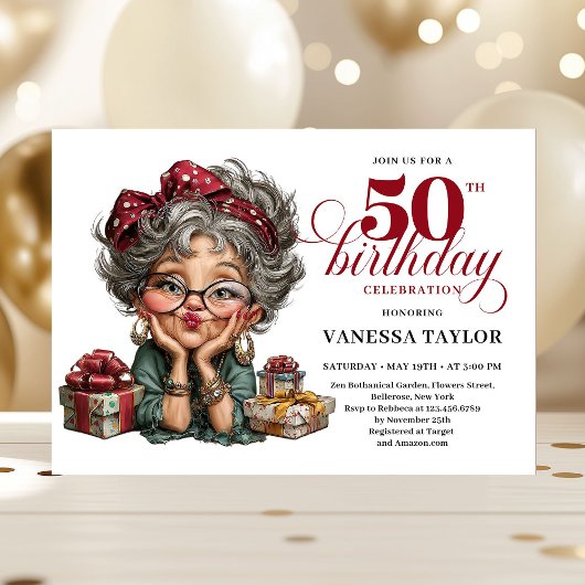 Humorous lady turning fifty quirky party invite kaart