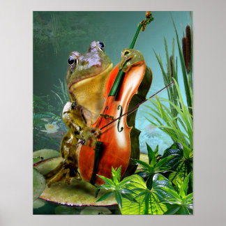 Humoureuze scène kikker met cello in lieviervijver poster
