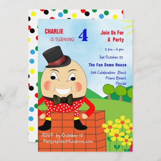 Humpty Dumpty Thleed Kids Birthday Party Editable Kaart (Voorkant / Achterkant)