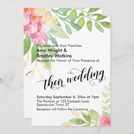 Hun bruiloft typografie Waterverf Bloemen bruiloft Kaart (Voorkant / Achterkant)