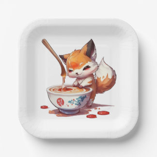 Hungry Little Fox Waiting for Japans Ramen Papieren Bordje