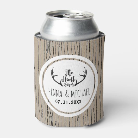 "Hunt is over" Rustic Antler Barnwood Wedding Blikjeskoeler (Blikje Voorkant)
