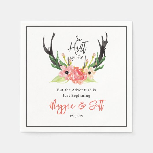 Hunt is over rustieke Boho Antler Floral Wedding Servet (Voorkant)