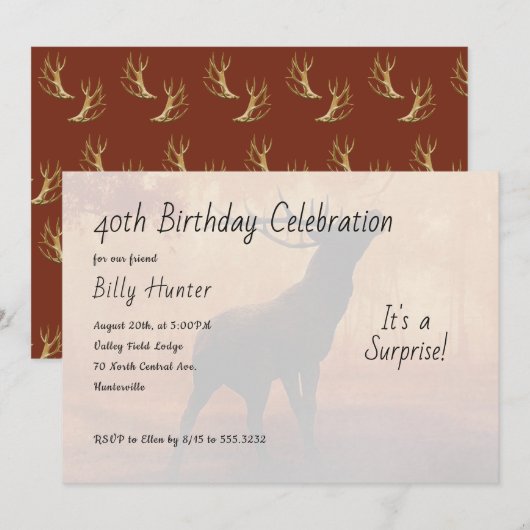 Hunter Antlers Surprise Birthday Party Invitation Kaart (Voorkant / Achterkant)