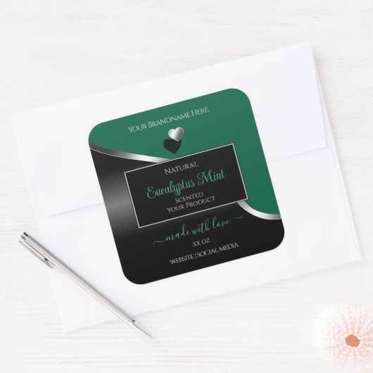 Hunter Green Black Wavy Silver Heart Product Label (Envelop)