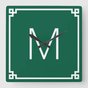 Hunter Green en White Griekse Key Border Monogram Vierkante Klok