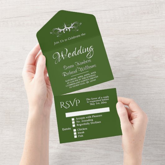 Hunter Green en White Tri Fold w Rsvp All In One Uitnodiging (Afscheurbaar)