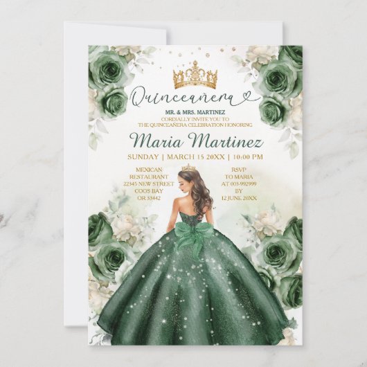 Hunter Green Floral Princess Gold Quiñceanera Kaart (Voorkant)