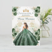Hunter Green Floral Princess Gold Quiñceanera Kaart (Staand voorkant)