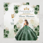 Hunter Green Floral Princess Gold Quiñceanera Kaart (Voorkant / Achterkant)