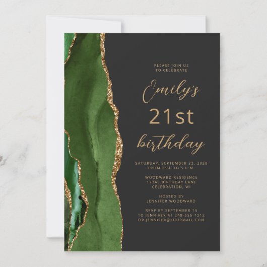 Hunter Green Gold Agate Slate Script 21st Birthday Kaart (Voorkant)