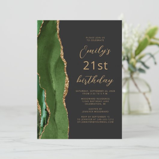 Hunter Green Gold Agate Slate Script 21st Birthday Kaart (Staand voorkant)