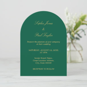 Hunter Green Golden Beige Arch Wedding Invitation Kaart
