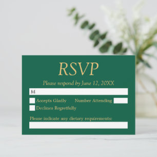 Hunter Green Golden Beige Wedding RSVP Kaart