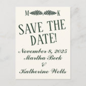 Hunter Green op Cream Initialen Save-the-Date Briefkaart (Voorkant)