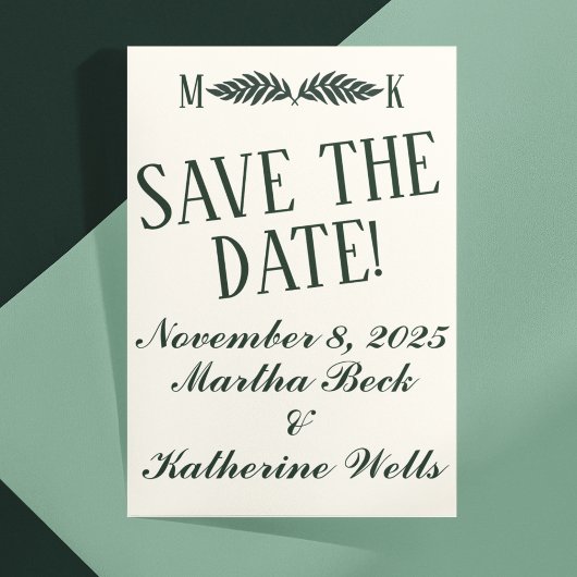 Hunter Green op Cream Initialen Save-the-Date Briefkaart