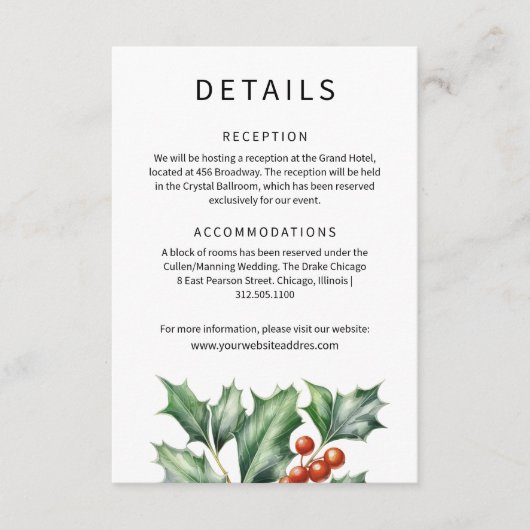Hunter groen holly bruiloft informatie informatiekaartje (Voorkant)