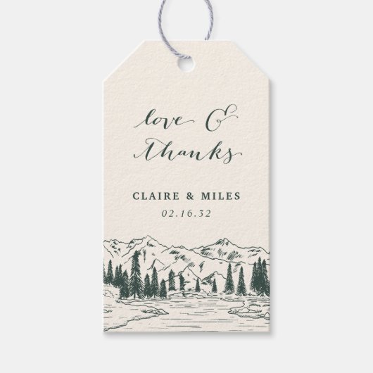 Hunter-groen | Mountain Sketch Wedding Bedankt Cadeaulabel (Voorkant)
