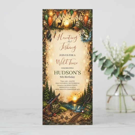 Hunting and Fishing Camo Boy birthday Invitation (Debout devant)