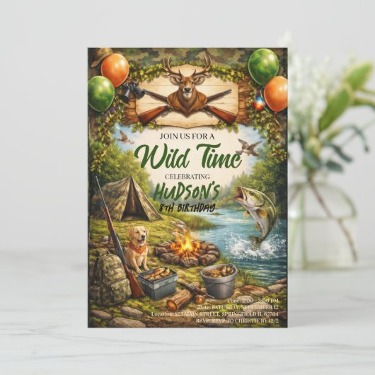 Hunting and Fishing Camo Boy birthday Invitation (Debout devant)