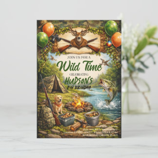 Hunting and Fishing Camo Boy birthday Invitation Kaart