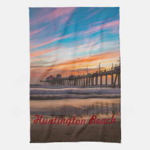 Huntington Beach Pier bij zonsondergang Theedoek