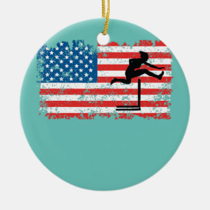 Hurdler Woman Girl Vrouw Amerikaanse vlag Hurdles Keramisch Ornament