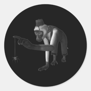 Hurdy Gurdy 3D Music Monkey & Spider Black & White Ronde Sticker