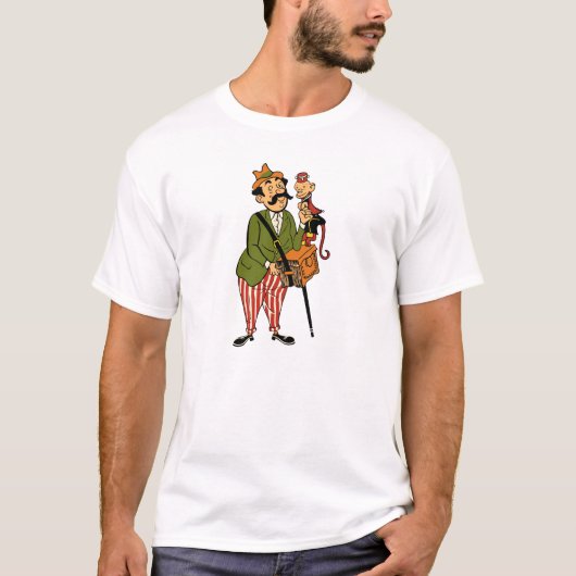 Hurdy Gurdy Man met aap en cordion T-shirt (Voorkant)