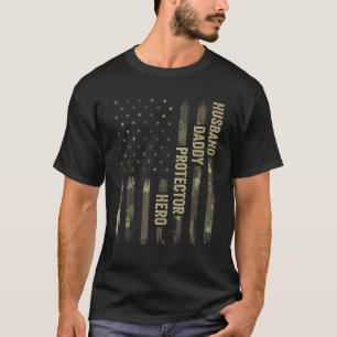 Husband Dad Protector Hero Camo USA Flag T-shirt
