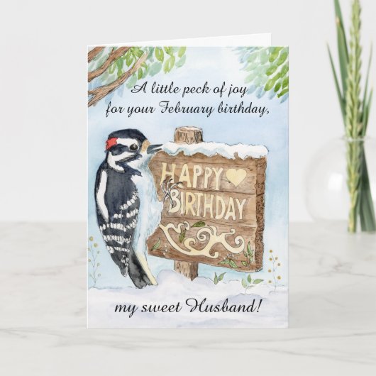Husband Happy February Birthday Downy Woodpecker Kaart (Voorkant)