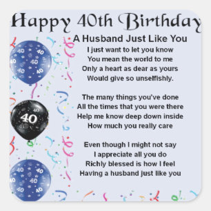 Husband Poem - 40th Birthday Vierkante Sticker