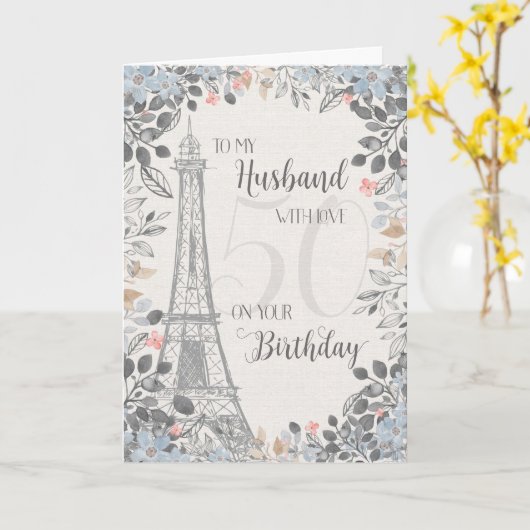 Husband Romantic 50th Birthday Eiffel Tower Kaart (Gele Bloem)
