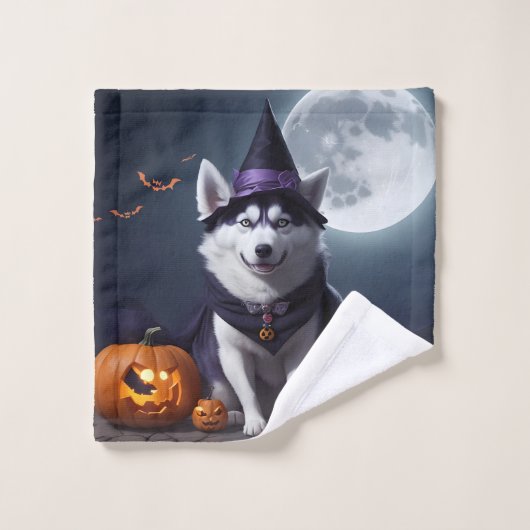Husky Chien Halloween Aventure Lune Magie Éffrayan (Gant de toilette)