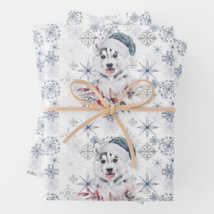 Husky Cute Blue Santa Hat Snowflakes kerst Inpakpapier Vel