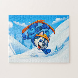 Husky die draait op skiers op een besneeuwde helli legpuzzel