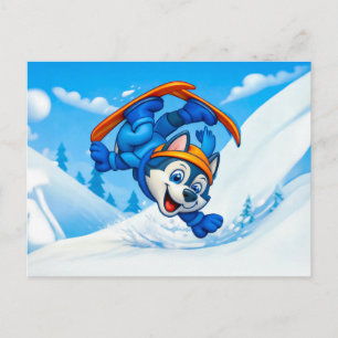 Husky die op ski's draait op een besneeuwde hellin briefkaart