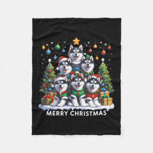 Husky Dog Christmas Tree Merry Christmas Matching Fleece Deken