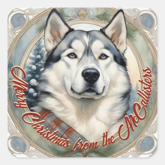 Husky Dog Gepersonaliseerde Kerst Kaart Sticker Se (Voorkant)