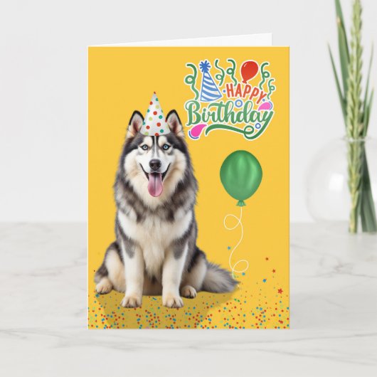 Husky Dog in a Party Hat on Yellow Birthday Kaart (Voorkant)