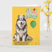 Husky Dog in a Party Hat on Yellow Birthday Kaart (Gele Bloem)