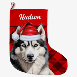 Husky Dog's Naam Red Buffalo Plaid Gepersonaliseer Grote Kerstsok