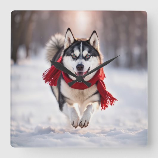 Husky draagt een rode wintersjaal vierkante klok (Voorkant)